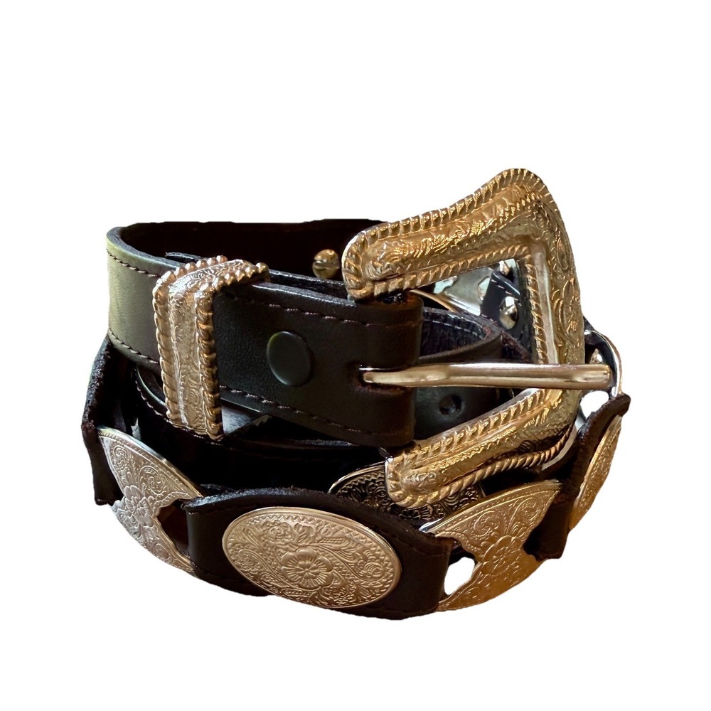 Women's Western Concho Boho Leather Belt Brown Silver Tone Buckle Boho Fits 36